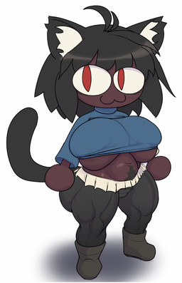 :3 anthro big_breasts black_bottomwear black_clothing black_ears black_hair black_pants black_tail body_hair bottomwear breasts closed_smile clothing dark_body dark_skin female footwear hair happy_trail long_tail looking_at_viewer mouth_closed muscular muscular_legs muscular_thighs noseless pants pubes red_eyes shoes simple_background skirt smile solo tail thick_thighs tight_clothing under_boob white_background white_bottomwear white_clothing white_inner_ear white_skirt jojojiva tsukihime type-moon neco-arc animal_humanoid cat_humanoid domestic_cat felid felid_humanoid feline feline_humanoid felis humanoid mammal mammal_humanoid absurd_res hi_res