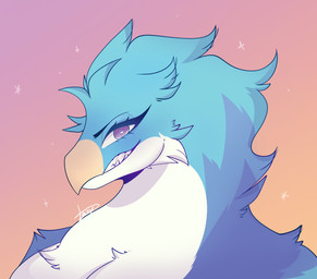 anthro beak blue_body blue_feathers cheek_tuft eyebrows eyelashes facial_tuft feather_hair feathers female looking_at_viewer multicolored_body multicolored_feathers pseudo_hair purple_eyes sharp_teeth sinister_smile smile solo sparkles teeth toothed_beak tuft two_tone_body two_tone_feathers white_body white_feathers yellow_beak lazynotartist fan_character avian bird monster headshot_portrait hi_res portrait