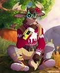 anthro antlers belt bottomwear clothing eyewear footwear glasses grass horn male outside pants plant plantigrade shoes sitting solo sweater topwear tree year leo-wolf epic_games fortnite dolph_(fortnite) deer mammal 2023 absurd_res artist_name hi_res