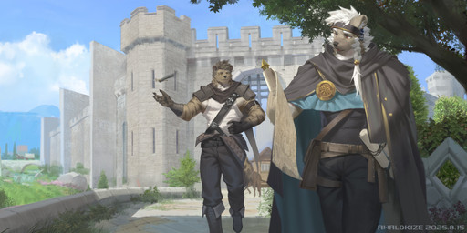 anthro black_bottomwear black_cape black_clothing black_nose black_pants black_topwear blue_cape blue_clothing blue_sky bottomwear bridge brown_body brown_fur brown_hair cape castle clothed clothing cloud day duo front_view fur hair heterochromia holding_scroll male male_anthro mouth_closed open_mouth outside pants plant purple_eyes red_eyes short_hair shrub sky standing text topwear tree white_clothing white_hair white_topwear yellow_eyes awaldkize hyena mammal 2025 absurd_res artist_name dated hi_res