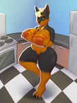 anthro areola big_breasts biped breasts curvy_figure female food genitals hair hot_dog huge_breasts ketchup kitchen looking_at_viewer mustard nipple_dip nipples nude orange_areola orange_nipples pussy smile solo standing thick_thighs wide_hips sjevi brooke_(gbg) canid canine canis dobermann domestic_dog mammal pinscher 3:4 digital_media_(artwork)