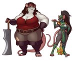 anthro armor big_breasts boots breasts buckteeth claws cleavage cleaver_(weapon) clothed clothing dreadlocks duo ear_piercing ear_ring female flail footwear fully_clothed hair hand_on_hip hood huge_breasts iked_pauldron long_hair melee_weapon muscular muscular_anthro muscular_female obese obese_anthro obese_female overweight overweight_anthro overweight_female pauldron piercing ponytail red_eyes ring_piercing shoes size_difference standing teeth thick_thighs weapon blazbaros warhammer_(franchise) warhammer_fantasy mammal murid murine rat rodent skaven 2022 hi_res