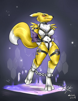 ankle_cuffs anthro bdsm bondage bound breasts captured chain cuff_(restraint) female forced fur hands_tied harness legband nude restraints shackles solo straps struggling zinnick bandai_namco digimon canid digimon_(species) mammal renamon hi_res