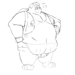 anthro backpack belly big_belly big_moobs bottomwear breath bulge clothing ear_piercing floppy_ears flustered fupa hair hand_on_belly male moobs navel_outline nipple_piercing nipple_ring nipples overweight overweight_male pants piercing ring_piercing shirt solo stretch_marks tank_top topwear tusks tcw mammal suine black_and_white hi_res monochrome sketch