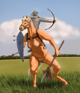 anthro arrow_(weapon) black_nipples blonde_hair bow_(weapon) breasts duo female fur genitals hair male melee_weapon navel nipples nude orange_body orange_fur outside pubes ranged_weapon shield sword vulva weapon lemurlemurovich equid equine horse mammal