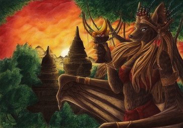 anthro bat_wings black_nose building claws container cup feathers female food forest fruit fur goblet grey_eyes hair headdress high_place hill jungle long_hair membrane_(anatomy) membranous_wings orange_sky pagoda pigtails plant rock sky smile solo sunset tassels temple tree tribal wing_claws wings simul bat canid canine mammal 2009 half-length_portrait portrait