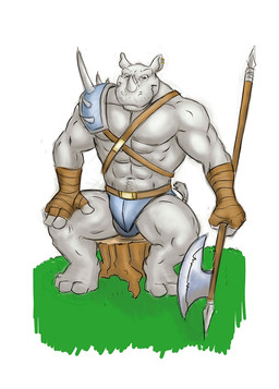 4_fingers 4_toes abs anthro armor axe barefoot belt big_muscles biped clothed clothing collarbone ear_piercing facial_hair feet fingers front_view grass hand_on_leg hand_wraps holding_object holding_weapon horn leather looking_at_viewer male melee_weapon muscular muscular_anthro muscular_male pecs piercing plant shoulder_guards simple_background sitting sitting_on_stump skimpy solo spikes tail tail_tuft toes topless tree_stump tuft weapon white_background wraps truce mammal rhinoceros colored_sketch sketch