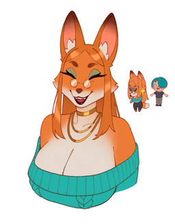 anthro big_breasts breasts cleavage clothed clothing duo eyebrows eyelashes eyes_closed eyewear female glasses hair hair_over_eye jewelry male necklace open_mouth open_smile orange_hair round_glasses shirt simple_background small_glasses smile sweater t-shirt tail teal_clothing teal_hair teal_sweater teal_topwear topwear wearing_glasses white_background rizdraws animal_crossing nintendo canid canine fox human mammal 2026 bust_portrait hi_res portrait