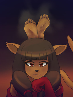 5_toes anthro barefoot bedroom_eyes bodily_fluids brown_body brown_fur brown_hair clothing feet female foot_focus freckled_face freckles fur gloves gradient_background hair handwear humanoid_feet looking_at_viewer musk musky_feet narrowed_eyes plantigrade red_eyes seductive simple_background smelly smelly_feet soles solo sweat sweaty_feet the_pose toes zalbox34 ankama dofus wakfu miranda_(wakfu) ecaflip felid mammal 2025 hi_res