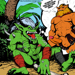 abs anal anal_masturbation anal_penetration animal_genitalia animal_penis anthro anus balls bandage biceps big_penis biped blue_eyes bodily_fluids clenched_teeth club_(weapon) club_in_ass cum cum_drip detailed_background dialogue dripping drooling duo ear_piercing erection fangs fantasy feline_genitalia feline_penis foreskin forest fur genital_fluids genitals grass green_body hair holding_penis horn humanoid_genitalia humanoid_penis humanoid_pointy_ears improvised_dildo improvised_sex_toy long_hair looking_pleasured lying male mane masturbation melee_weapon muscular nipples nude on_back open_mouth outside pecs penetration penile_spines penis piercing plant pointy_ears retracted_foreskin saliva scar sex shrub sitting smile solo spikes spread_legs spreading standing tattoo teeth text thought_bubble tongue tongue_out tree vein veiny_penis weapon weapon_penetration wood cureboltium third-party_edit anonymous_colorist bandai_namco digimon digimon_(species) felid humanoid leomon mammal ogre ogremon 1:1 2013 colored digital_media_(artwork) english_text hi_res url