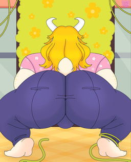 2_horns anthro ball_bulge big_butt blonde_hair blue_bottomwear blue_clothing blue_pants bottomwear butt clothing crouching floral_pattern flower fur hair horn long_hair male pants pattern_clothing pattern_shirt pattern_topwear pink_clothing pink_shirt pink_topwear plant rear_view shirt small_tail solo tail topwear white_body white_fur kumabear357 undertale_(series) asgore_dreemurr bovid caprine goat mammal 2025 english_description hi_res