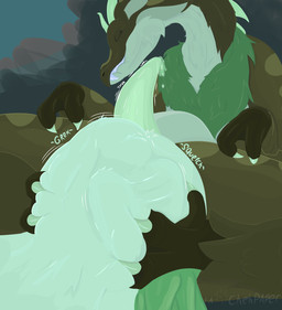 bite biting_lip bodily_fluids cock_vore cum cum_drip dripping duo feral fluffy fluffy_tail genital_fluids genitals internal_balls male male/male paw_squish penile penis safe_vore simple_background sitting squish tail vore chehpaper dinosaur dromaeosaurid prehistoric_species reptile saurischian scalie theropod digital_drawing_(artwork) digital_media_(artwork) hi_res