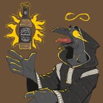 alcohol alcohol_bottle anthro beak beverage black_beak black_body black_feathers bottle clothing container crown feathers glowing glowing_eyes headgear male open_beak open_mouth robe solo tongue tongue_out yellow_eyes mawkvlt avian bird 1:1