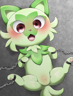 blush bound chain chained female feral genitals green_body ineffective_censorship looking_at_viewer open_mouth purple_eyes solo vulva tahitabata_(artist) nintendo pokemon felid feline generation_9_pokemon mammal pokemon_(species) sprigatito censored hi_res