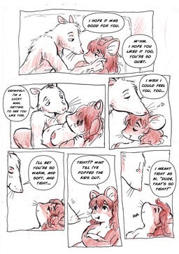 anthro biped breasts dialogue duo female fur hair kiss_on_head male male/female size_difference smaller_female speech_bubble text bedupolker mariella_mazatzal rusty_reavis cricetid deer_mouse mammal mouse murid murine rodent comic english_text hi_res trans_(lore) trans_man_(lore)