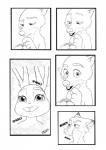 2016 anthro arm_tuft berry black_and_white blush border canid canine cheek_tuft clothed clothing comic dipstick_ears disney ear_markings eating facial_tuft female food fox fruit fur hi_res judy_hopps lagomorph leporid long_ears male mammal monochrome multicolored_ears nick_wilde onomatopoeia plant rabbit red_fox scar shoulder_tuft signature simple_background sound_effects text topless true_fox tuft walloruss white_background white_border zootopia