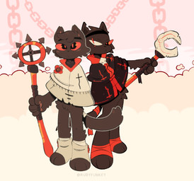 anthro black_body black_fur black_tail clothing duo eye_scar facial_scar featureless_crotch footwear fur holding_object holding_weapon looking_at_viewer male red_eyes scar standing tail toeless_footwear toeless_legwear weapon rubyfunkey cult_of_the_lamb massive_monster_(studio) aym_(cult_of_the_lamb) baal_(cult_of_the_lamb) domestic_cat felid feline felis mammal 2024 digital_drawing_(artwork) digital_media_(artwork) hi_res brother_(lore) brothers_(lore) sibling_(lore)