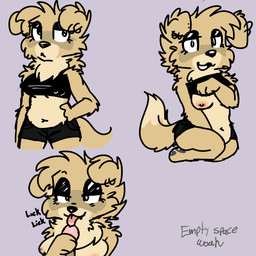 anthro bra_lift breasts clothed clothing disembodied_penis ear_piercing ear_ring exposed_breasts eyeshadow female genitals grey_background holding_penis kneeling licking looking_at_viewer makeup male midriff navel nipple_outline nipples onomatopoeia oral penile penis penis_lick piercing ring_piercing sex simple_background smile solo sound_effects text tongue underwear underwear_only catlovingloser housepets! tarot_(housepets!) canid canine canis domestic_dog mammal pomeranian spitz 1:1 english_text hi_res