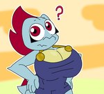 anthro beach big_breasts blue_body breasts clothing female hand_on_hip looking_at_viewer overalls question_mark red_eyes simple_background solo tail itisspermo nintendo pokemon lizzy_(1upgobbo) crocodile crocodilian generation_2_pokemon pokemon_(species) reptile scalie totodile