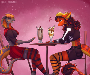 2_horns anthro beverage black_hair bottomwear claws clothing crop_top date duo femboy hair happy heart_symbol horn laugh legwear long_hair male male/male milkshake piercing romantic romantic_couple school_uniform shirt short_hair skirt smile stockings topwear uniform lien_kitoki cobra kobold lizard reptile scalie snake 6:5