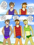 2017 adam_caro anthro beach blue_clothing blue_speedo blue_swimwear bulge canid canine canis casey_ramser clothing comic coyote crop_top deer dialogue embarrassed english_text felid feline fuze green_clothing group hands_on_hips hi_res lynx male mammal midriff mond_reyes purple_clothing red_clothing red_shirt red_topwear seaside shirt speedo swimwear tank_top texnatsu text topwear trio