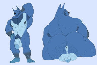 anthro anus armpit_hair balls barazoku beard big_claws big_penis black_sclera blue_body blue_fur body_hair butt claws facial_hair fur genitals male muscular muscular_male nipples nude pecs penis pubes simple_background solo vein veiny_penis unrealrui activision crash_bandicoot_(series) ratcicle titan_(crash_bandicoot) 3:2 absurd_res hi_res