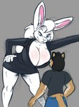 anthro bent_over big_breasts biped black_hair blue_eyes blush body_blush bottomwear breast_blush breasts cleavage clothed clothing duo female fur hair hand_on_hip larger_anthro larger_female male pants paws shirt simple_background size_difference smaller_anthro smaller_male smirking_at_another suit t-shirt tail tan_body tan_fur topwear white_body white_fur white_hair robomax coneja elrabin cougar felid feline lagomorph leporid mammal rabbit 2014 digital_drawing_(artwork) digital_media_(artwork) hi_res
