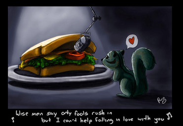ambiguous_feral ambiguous_gender beady_eyes black_markings duo feral food fur green_body green_fur green_tail logo markings sandwich_(food) side_view simple_background tail text pandapaco food_creature mammal rodent sciurid tree_squirrel artist_logo english_text signature