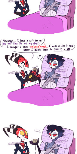 4_eyes 4_panel_comic anthro bandage beak bed bedding black_body black_feathers blanket blue_clothing blue_suit bodily_fluids broken_arm cast clothing dialogue duo ellipsis empty_eyes eyes_closed feather_hair feathers food forehead_tattoo furniture grey_body grey_feathers heart_symbol horn hospital_bed male markings medical_sling multi_eye noodles pattern_pillow pillow pink_bedding pseudo_hair question_mark red_body red_eyes red_skin simple_background smile sparkles speech_bubble striped_horn stripes suit sweat text under_covers white_background white_face white_markings yellow_sclera norithelord hellaverse helluva_boss blitzo_(helluva_boss) stolas_(helluva_boss) avian avian_demon bird demon humanoid imp owl owl_demon 2023 absurd_res artist_name comic english_description english_text hi_res watermark