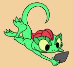 anthro female hair lying nipples nude on_front red_hair solo tablet young unknown_artist dreamworks lizzie_green_(dreamworks) lizard reptile scalie