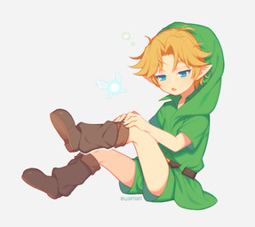 belt blonde_hair blue_eyes boots clothing duo footwear hair hat headgear headwear humanoid_pointy_ears light_body light_skin male not_furry pointy_ears shirt shoes simple_background sitting topwear tunic wings wusagi2 nintendo ocarina_of_time the_legend_of_zelda navi young_link elf fairy humanoid hylian