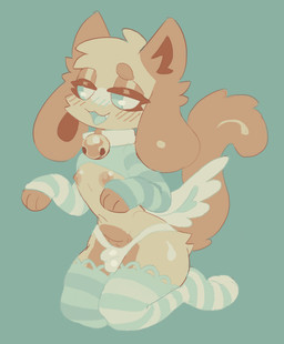 4_ears anthro bell bell_collar biped blush blush_lines breasts brown_body brown_fur bulge clothing collar colored_sclera crop_top detailed_bulge digitigrade eyelashes eyeshadow feet femboy floppy_ears fur glistening glistening_body half-closed_eyes hindpaw legwear lingerie long_sleeves makeup male male_anthro multi_ear multicolored_body multicolored_fur narrowed_eyes nipples panties pattern_clothing paws puffy_nipples pupils raised_tail shirt small_breasts small_bulge solo stockings striped_clothing stripes tail thick_thighs topwear underwear white_pupils wings chemicallyroadkill canid canine canis domestic_cat domestic_dog felid feline felis hybrid mammal absurd_res digital_media_(artwork) hi_res