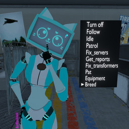 anthro blue_body blue_eyes female first_person_view machine solo text whiskers white_body burtrevolution voices_of_the_void kerfur_omega_(votv) felid feline mammal robot 3d_(artwork) absurd_res blender_(artwork) digital_media_(artwork) hi_res