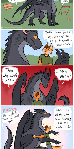4_panel_comic anthro ball bench black_body black_scales blue_eyes bodily_fluids border brown_hair clothing content crying dialogue duo evil_look eyes_closed female feral green_clothing green_shirt green_topwear hair heart_symbol hug larger_female larger_feral lonely long_neck looking_at_own_hand male membrane_(anatomy) membranous_wings neck_spikes orange_body outside park purring quadruped sad scales shirt size_difference smaller_anthro smaller_male speech_bubble swing tail talking_feral tears tears_of_joy text the_truth topwear white_border wings yellow_eyes darkdraconica mythology darky_(darkdraconica) dave_(darkdraconica) canid canine dragon fox mammal mythological_creature mythological_scalie scalie absurd_res comic english_text hi_res multiple_scenes url
