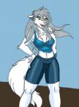 anthro bottomwear camel_toe chest_tuft clothed clothing fangs feet female fur grey_hair hair hands_on_hips hindpaw long_hair midriff open_mouth paws shirt shorts simple_background slim solo teeth tongue topwear tuft white_body white_fur yellow_eyes blackwind_zero twokinds raine_silverlock canid canine canis keidran mammal wolf hi_res