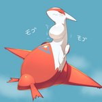 ambiguous_gender ambiguous_prey blue_background blush duo eating eyes_closed female female_focus female_pred feral front_view fully_inside fur generation_3_pokemon hi_res japanese_text larger_pred latias legendary_pokemon looking_at_prey lying mouth_closed neck_bulge nintendo on_back on_ground open_mouth pokemon pokemon_(species) ravinosuke1 red_body simple_background smaller_prey struggling struggling_prey text translation_request tremble_spikes vore white_body