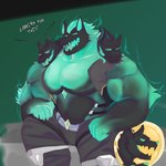 1:1 3_heads absurd_res anthro big_pecs bottomwear canid canid_demon canine canis cerberus_(fortnite) clothing decayinglite demon dialogue epic_games european_mythology fortnite greek_mythology hellhound hi_res male mammal medallion multi_head musclegut muscular muscular_anthro muscular_male mythological_canine mythological_creature mythology pants pecs sitting solo torn_clothing