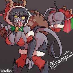 anthro bell big_breasts big_butt black_nose bottomless box breasts butt christmas_clothing claws clothed clothing container eyelashes female front_view fur gift_box grey_background grey_body grey_claws grey_fur grey_hair hair holding_sack holidays horizontal_pupils horn looking_at_viewer pupils question_mark rear_view red_clothing sharp_teeth simple_background solo tail tail_tuft tan_horn teeth text thick_thighs tongue tongue_out tuft wide_hips yellow_eyes krinsfon christmas krampus bovid caprine caprine_demon demon goat_demon mammal hi_res
