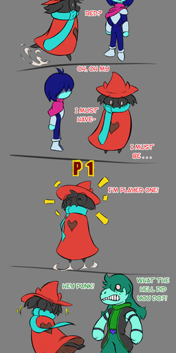 alternate_color black_body black_fur clothed clothing eyewear female fur glasses group hair hat headgear headwear humor male scarf text trio arashidrgn deltarune undertale_(series) kris_dreemurr ralsei susie_(deltarune) bovid caprine darkner goat human mammal reptile scalie 2018 comic english_text hi_res