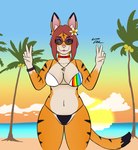 beach bikini breasts clothing collar eyewear female gesture hand_gesture palm_tree plant solo sunglasses swimwear tree two-piece_swimsuit v_sign zarvale deidra canid canine canis felid hybrid mammal pantherine tiger wolf hi_res