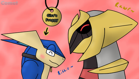 anthro blue_body blush close-up collar collar_tag duo gold_(metal) grey_body male male/male smile text text_on_collar_tag writing_text cometmystic21 mythology nintendo pokemon comet_(cometmystic21) altered_forme_giratina amphibian dragon frog generation_4_pokemon generation_6_pokemon giratina greninja legendary_pokemon mythological_creature mythological_scalie pokemon_(species) scalie english_description english_text hi_res