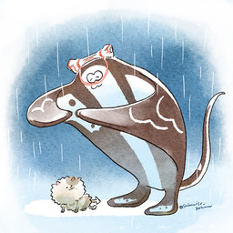 :3 anthro duo fur grey_body male markings protecting raining speckled_body spots spotted_body spotted_fur sabamiso_gohan nintendo splatoon big_man_(splatoon) li'l_judd aquatic domestic_cat felid feline felis fish mammal manta_ray ray_(fish) stingray 1:1