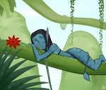 black_hair blue_body blue_skin blue_stripes eyes_closed female flower hair lying not_furry on_front outside plant sky sleeping smile solo striped_body striped_skin stripes tail tail_tuft tuft vines jopereira james_cameron's_avatar neytiri alien alien_humanoid humanoid na'vi 2010