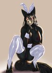 anthro big_breasts black_body black_fur black_hair bone breasts bunny_costume claws clitoris clothing costume creepy empty_eyes female fur genitals glowing glowing_eyes hair holidays humanoid_genitalia latex looking_at_viewer paws pussy skull skull_head solo white_latex moirah easter scp_foundation scp-1471-a canid canine canis mammal wolf absurd_res hi_res