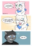 anthro cheerful clothing confusion dialogue dress duo female happy male scarf smile text worried catkitte jane_(catkitte) ugly_cat_(catkitte) domestic_cat felid feline felis mammal 2024 comic digital_drawing_(artwork) digital_media_(artwork) english_text hi_res signature