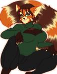 anthro big_breasts breasts cleavage cleavage_cutout clothed clothing crouching cutout eyewear female glasses looking_at_viewer simple_background smile solo thick_thighs missmixi ailurid mammal red_panda absurd_res hi_res