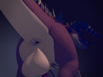 anus backsack balls butt genitals hole_(anatomy) horn looking_at_viewer looking_back male open_anus penis raised_tail shadowed_face simple_background solo spikes tail marvelouseyes mythology dragon mythological_creature mythological_scalie scalie hi_res