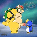 anthro balls bracelet collar dominant dominant_male duo genitals horn jewelry male moobs nipples penis slightly_chubby spiked_bracelet spiked_collar spikes surprised_expression tail text thick_thighs roostermon illumination_entertainment mario_bros nintendo the_super_mario_bros_movie bowser king_penguin_(smbm) avian bird koopa penguin penguin_(mario) scalie 1:1 hi_res