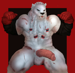 abs anthro barbed_humanoid_penis big_penis clothing dreadlocks erection foreskin fur genitals glans gloves half-erect handwear humanoid_genitalia humanoid_penis hybrid_genitalia hybrid_penis male muscular muscular_male nipples penile_spines penis pink_penis retracted_foreskin solo white_body white_fur wounded artjackal image_comics invincible_(image_comics) thokk_(invincible) felid lion mammal pantherine hi_res