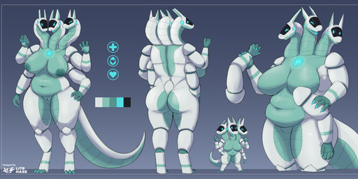 3_heads 4_arms anthro belly breasts chibi female genitals mature_female multi_arm multi_head multi_limb nipples simple_background solo tail visor vulva litehase synth_(vader-san) absurd_res hi_res model_sheet